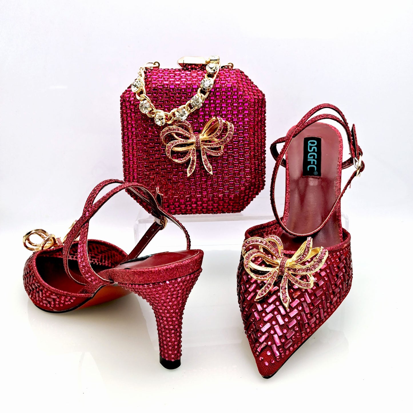 Gold Big Rhinestones Net Shoes And Match Handbag Beautiful