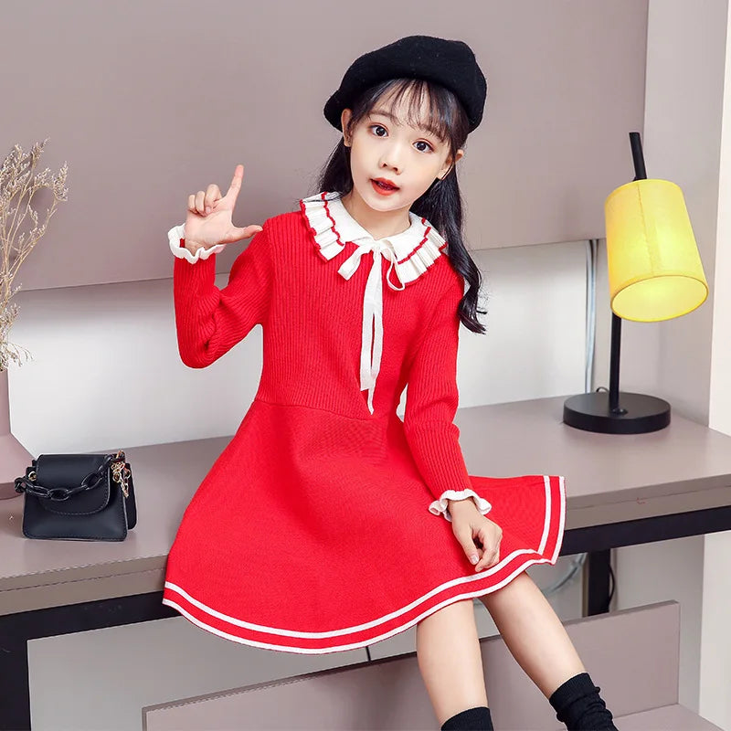 Children warm Sweater dress for girls infant casual pure color Pleated princess