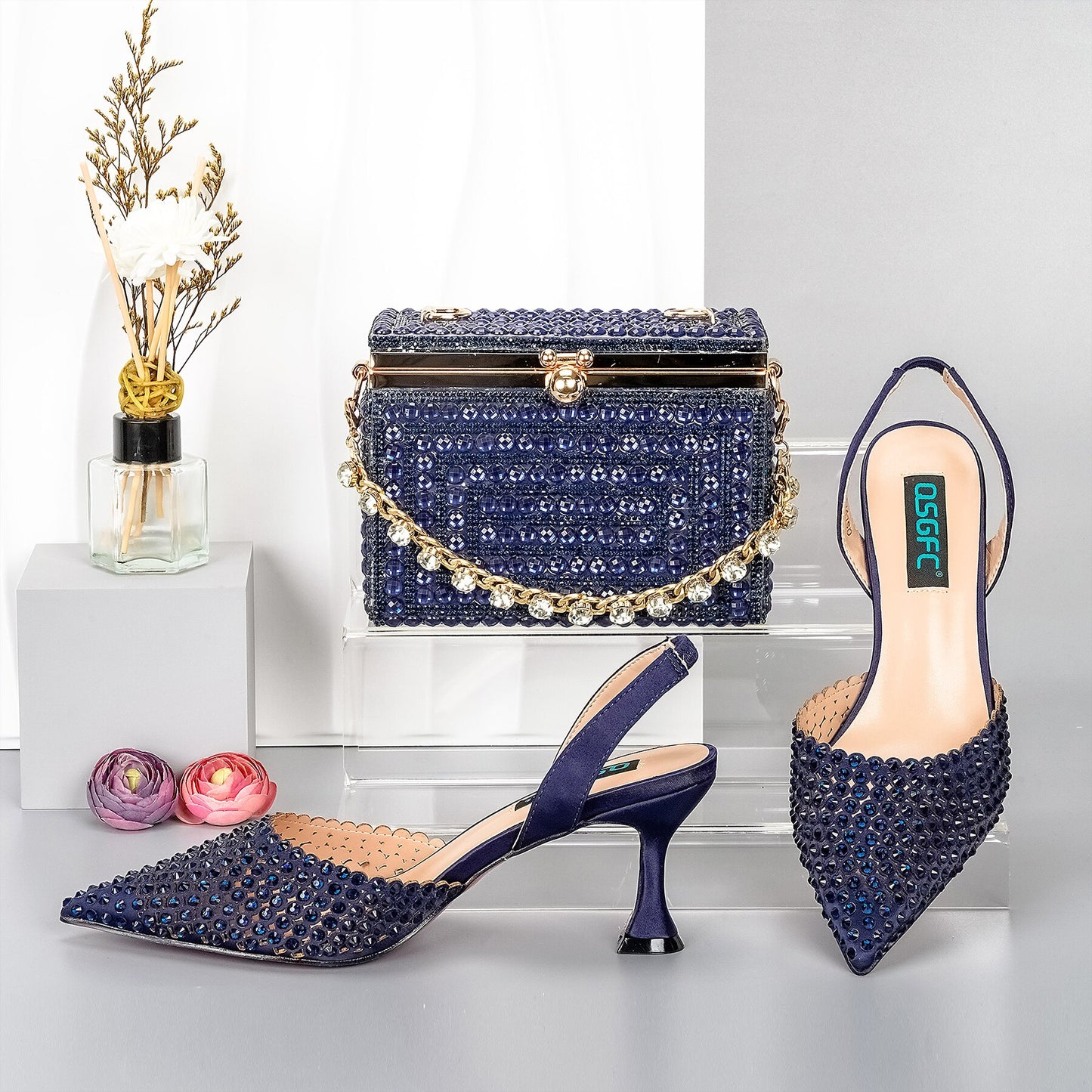 Women Shoe and Bag Set Decorated gold Shoes and Bag