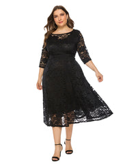 Plus Size Contrast Lace Half Sleeve Semi Sheer Midi Prom Party Wedding Evening Dress