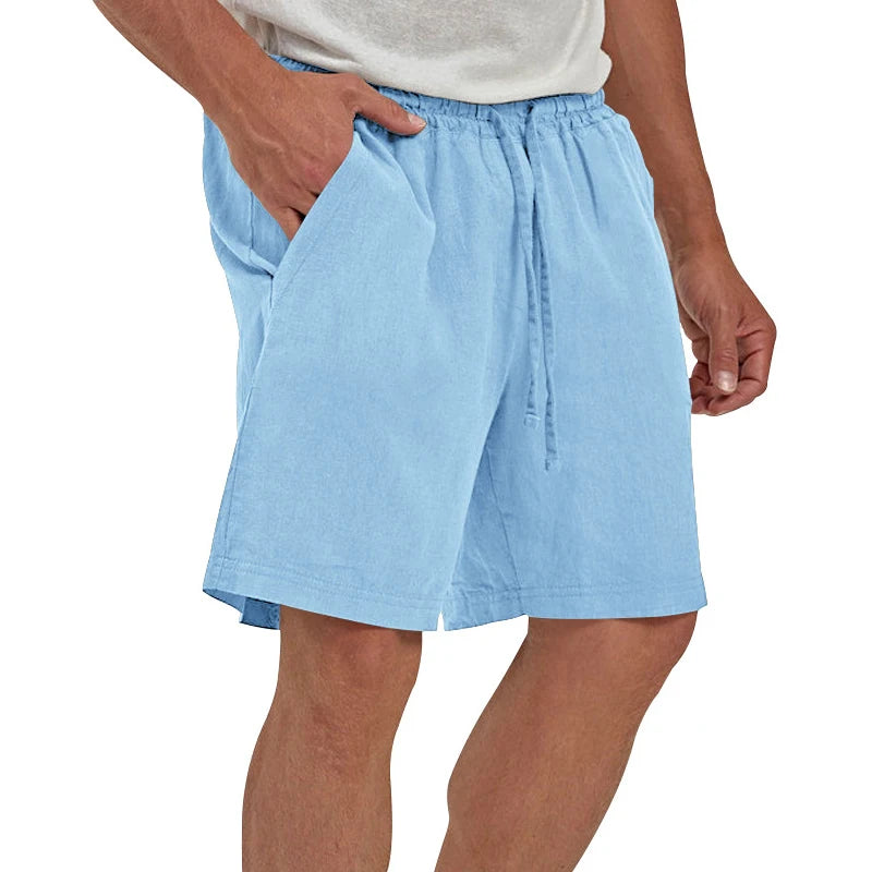 Summer Mens Linen Elastic Shorts Lightweight Cotton Trousers Pockets Breathable Beach Pants Fitness Sweatwear Shorts Men