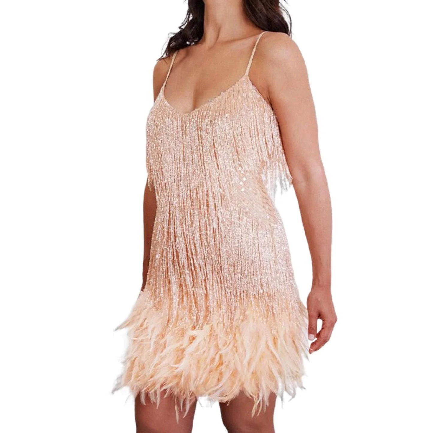 Chic  Elegant Dress Stretchy Tassel Sequins Decor Sexy Bodycon Mini Dress Pure Colors Above Knee Summer Dress Club Wear