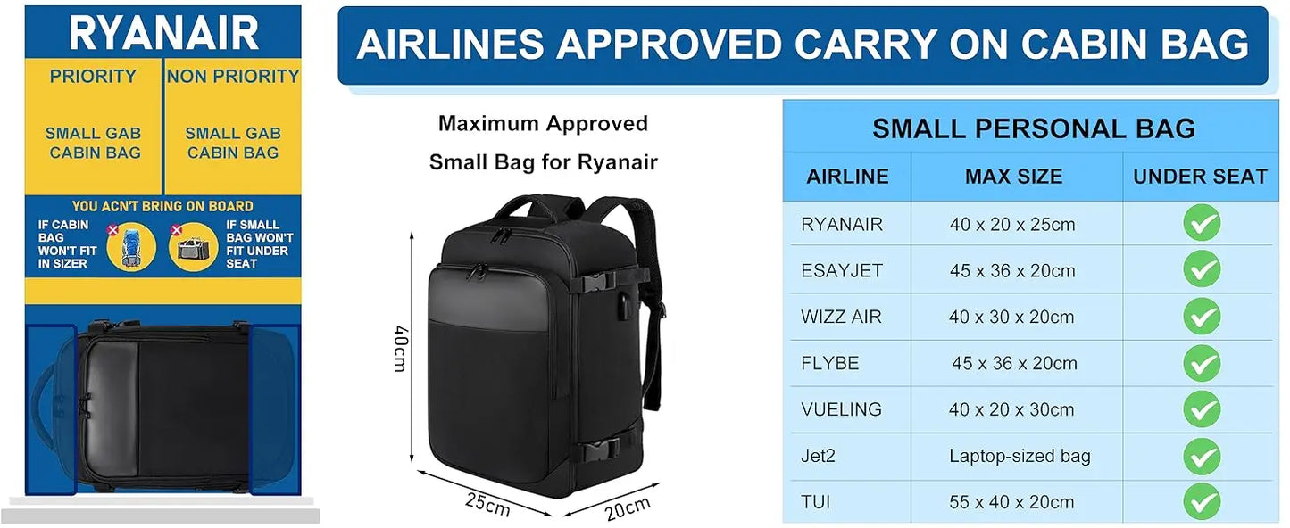 ryanair 40x20x25 and 45x36x20 Travel backpack,Laptop Backpack,unisex.Multifunctional bag,School Bag,university,trekking rucksack