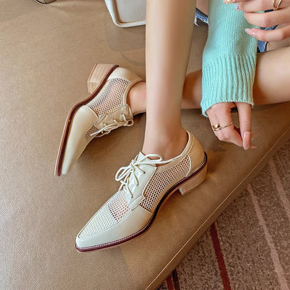 2023 Spring Net Cloth Oxfords Women Shoes Lace-Up Ladies Brogue Flat Derby Shoes Pointed Toe Lace-up Heels Women Shoes for Women