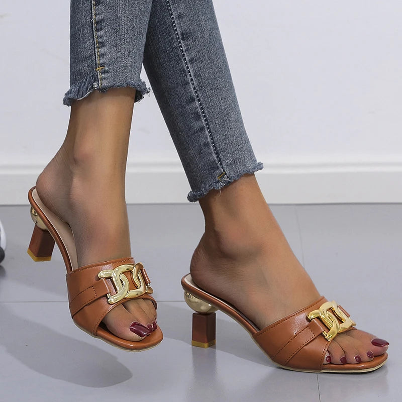 Summer Women's Slippers Sandals Shoes Female Golden Metal Chain Ladies Fashion Casual Slides Mules  Indoor Zapato Mujer