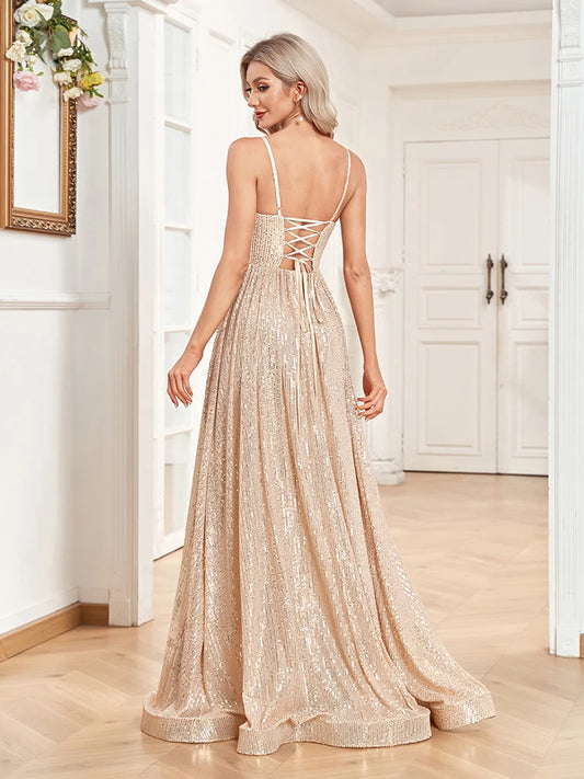 Elegant Backless Sequins Evening Dress Long Mermaid Formal Gown