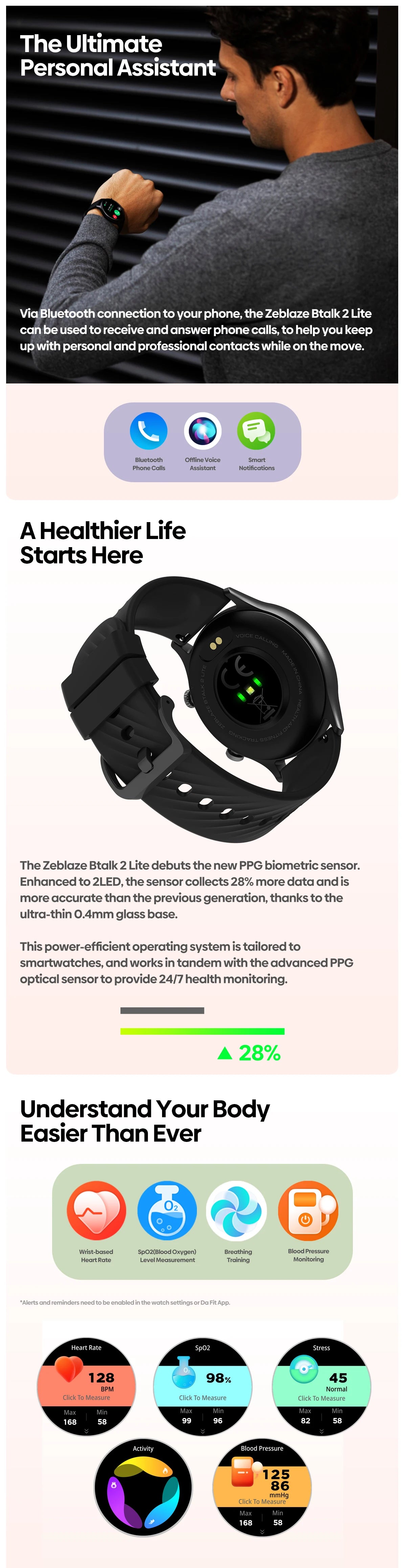 New 2024 Zeblaze Btalk 2 Lite Voice Calling Smart Watch Large 1.39'' IPS Display 100+ Sports Modes 24H Health Monitor Smartwatch
