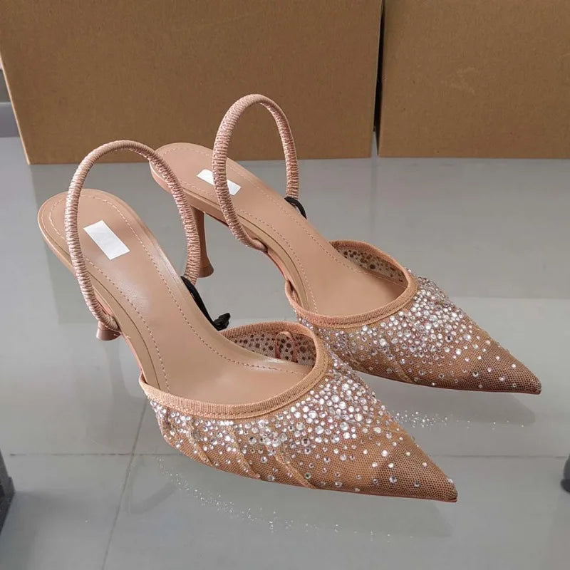 2024 Summer New Women's Sandals Water Diamond Bright Mesh High Heels Footwear Elegant Slingback Pointed Slip on Party Lady Shoes
