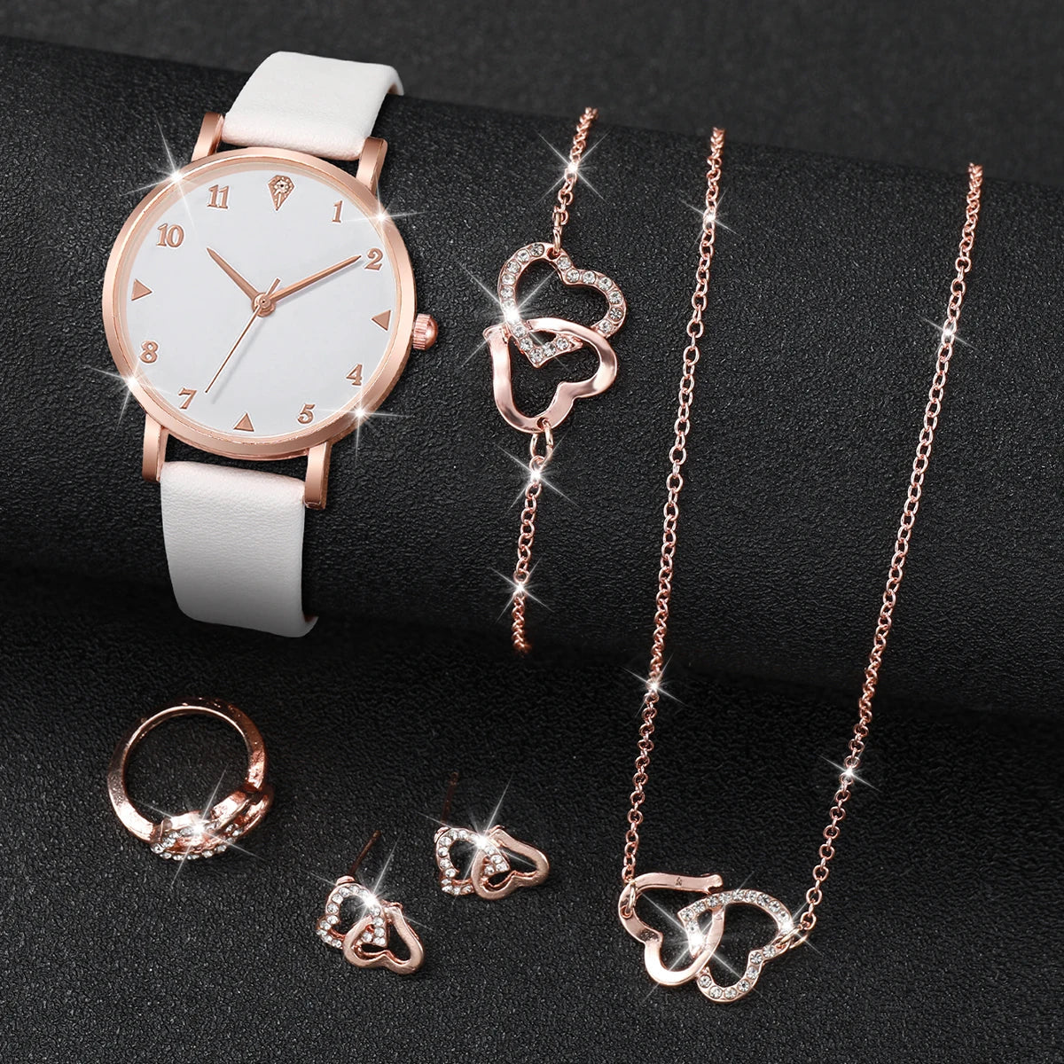 6PCS/Set Fashion Women's Watch Leather Band Quartz Watches Double Heart Jewelry Set(Without Box)