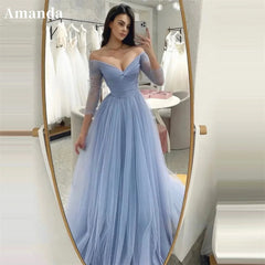 Blue A-line Evening Dress Long Sleeve Prom Dress V-neck Party Dress