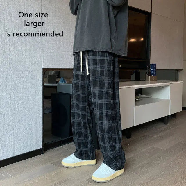 Men Checkered Casual Pants Loose Straight Corduroy Pants Sweatpants Man Fashion