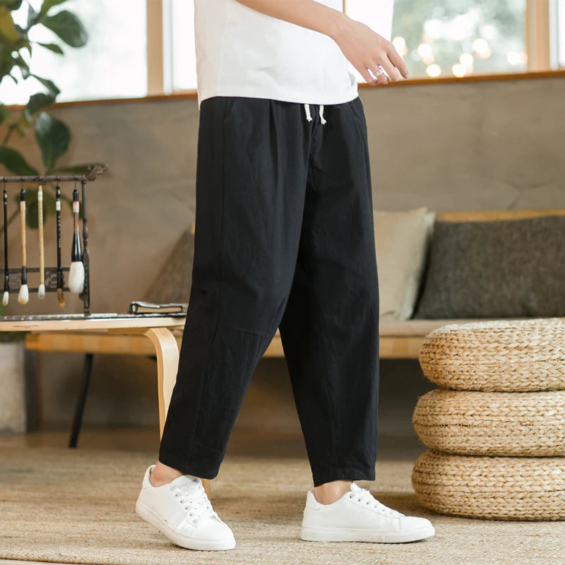 Men's Trousers Cotton Linen Fashion Casual Pants Solid Color Breathable Loose Shorts