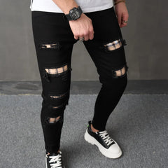 Men Streetwear Ripped Patch Slim Jeans Trousers Stylish Male Holes