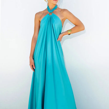 2024 Summer Solid Color Lady Party Dress Blue Sexy Long Dress Fashion Women A-line Evening DressVestido Elegant Robe 24835
