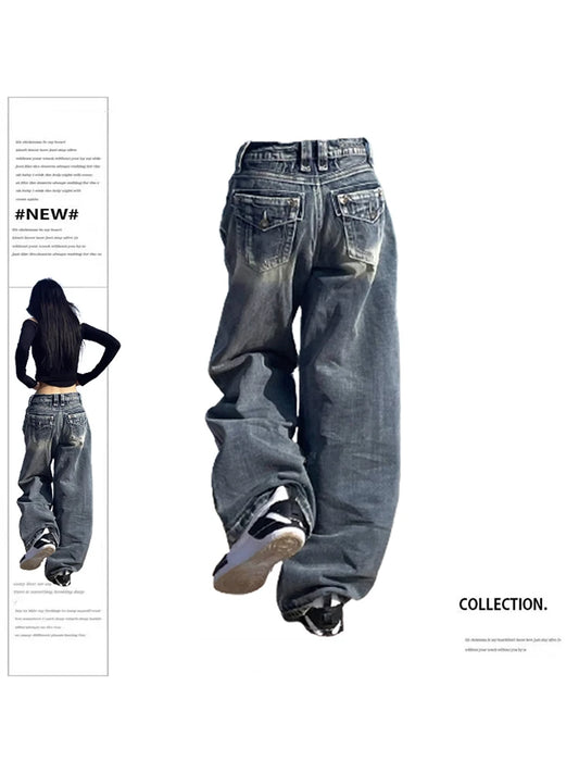 Women's Vintage Baggy Blue Jeans High Waist Denim Trousers Korean 2000s Y2k