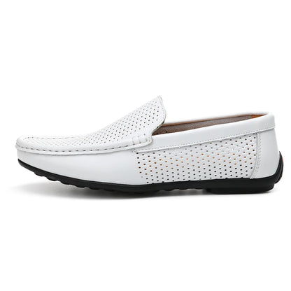 Summer Mens Shoes Casual Luxury Brand Genuine Leather Men Loafers Hollow Out Breathable Driving Shoes White Slip On Moccasins