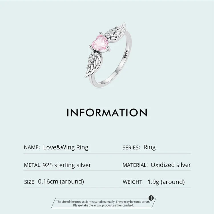 BAMOER 925 Sterling Silver Angel Wing Ring for Women Retro Feather Pink Heart Zircon Eternity Band Ring Anniversary Jewelry Gift