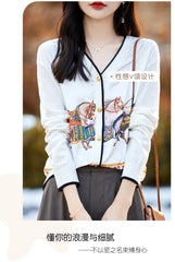 Spring And Autumn Wool Coat Jacket Women's Long Sleeve Wide V-Neck Printed