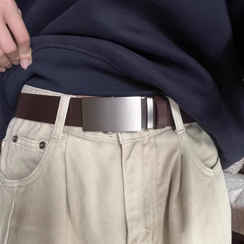 Belt for Men High Quality Genuine Leather Belts, Alloy Automatic Buckle Belt for Jeans, Adjustable No Hole Waist Straps for Men