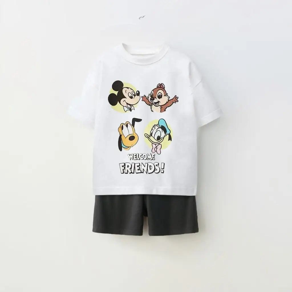 Kids Fashion Stes Casual Colthes Printing Tops+ Solid Color Shorts Loose Costume Two Piece Summer Boys Girls Clothing O-neck Tee