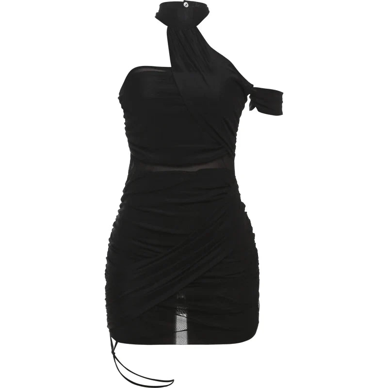 Nibber Backless Summer Trend See Through Sexy Dress Women Y2K Cross Bandage Halter Sleeveless Midnight Clubwear Mini Bodycon