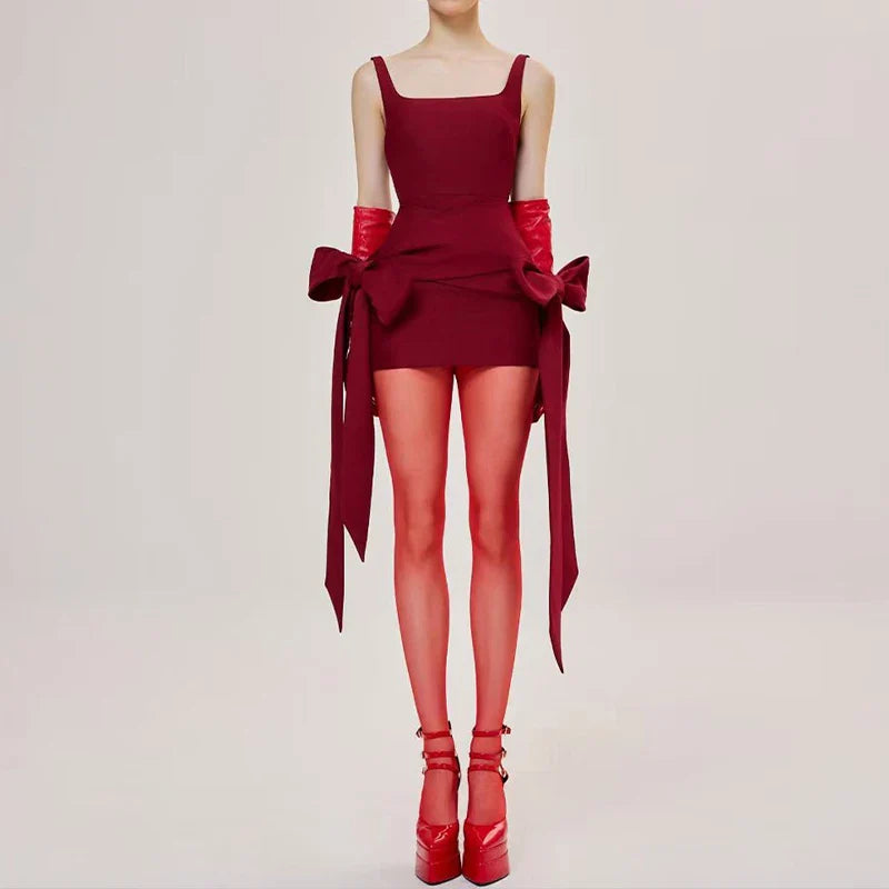 BKLD Fashion Red Bowknot Mini Dress Straps Square Collar Sleeveless Backless Vintage Cute Ladies Slim Party Short A-line Dresses