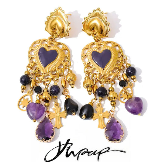Yhpup Vintage Stainless Steel Heart Cross Key Charm Pendant Drop Earrings Golden Plated Crystal Resin Stone Waterproof Jewelry
