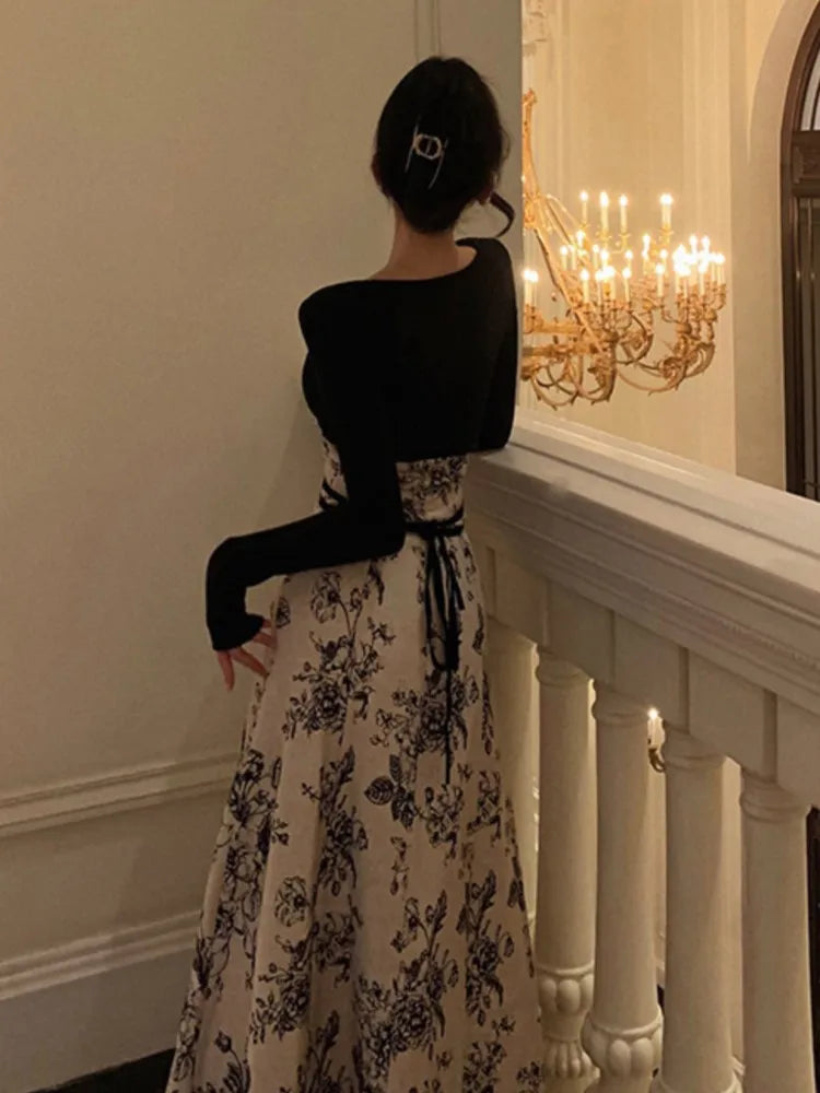 Evening Dresses: Women's Floral Patchwork Midi Dress Square Collar Long Sleeve