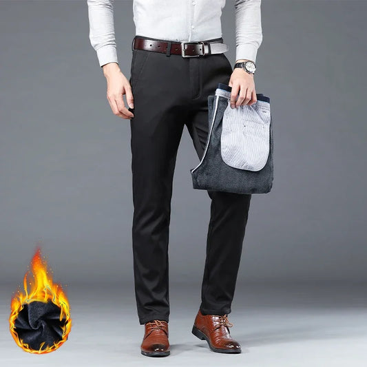 Men's Warm Casual Pants Business Fashion Fleece Thick Trousers Office Stretch Pants