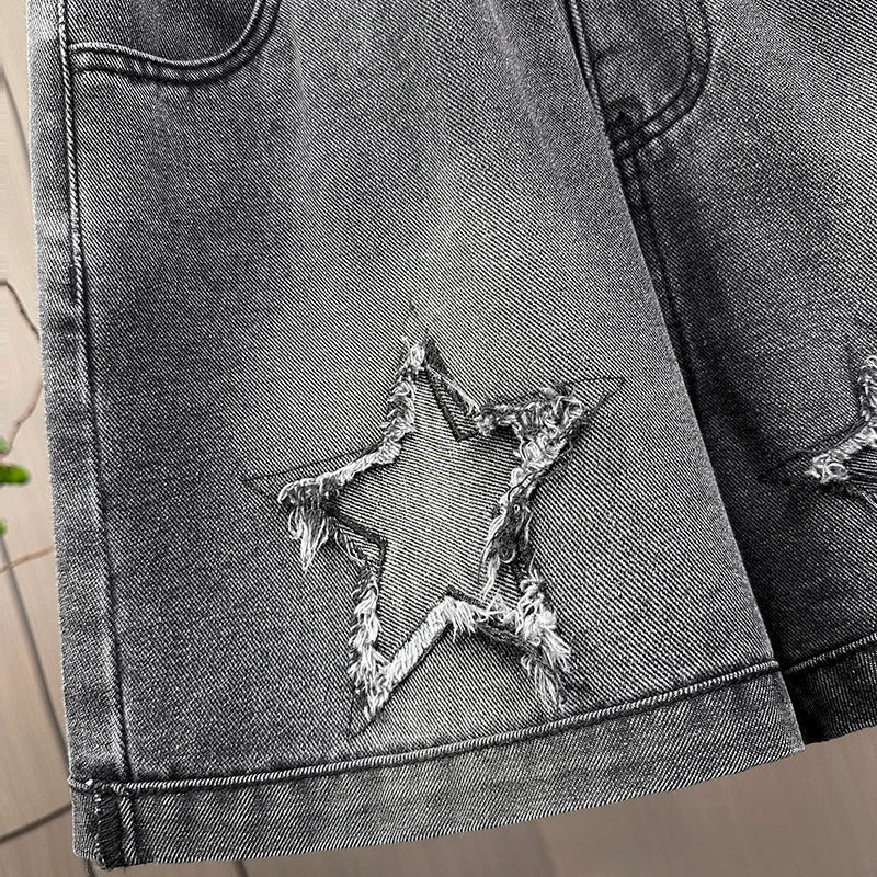 L-6XL Plus Size Denim Shorts For Women Summer 2025 High Waist Black Loose Wide Leg Short Jeans Women Star Large Size Short Jeans