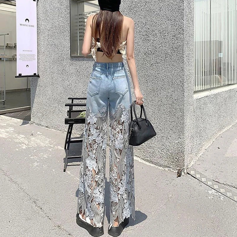 Fashion Elegant Jeans for Women High Waist Lace Patchworl Hollow Out Irregular