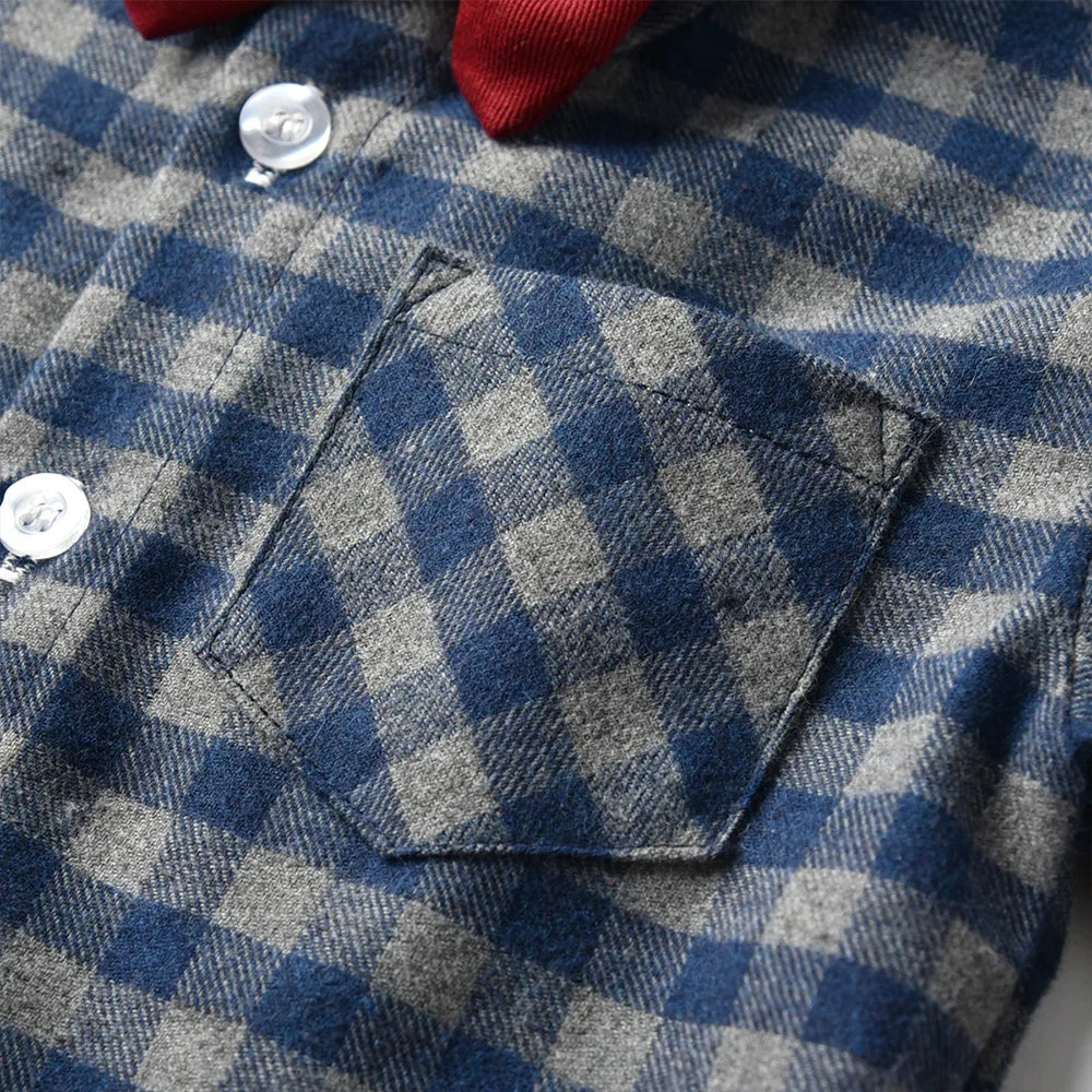 Children's Plaid Shirt and strap pants set for Boys with Bow Tie baby boy clothes 0 to 3Y Autumn Boys Clothes 70-130cm