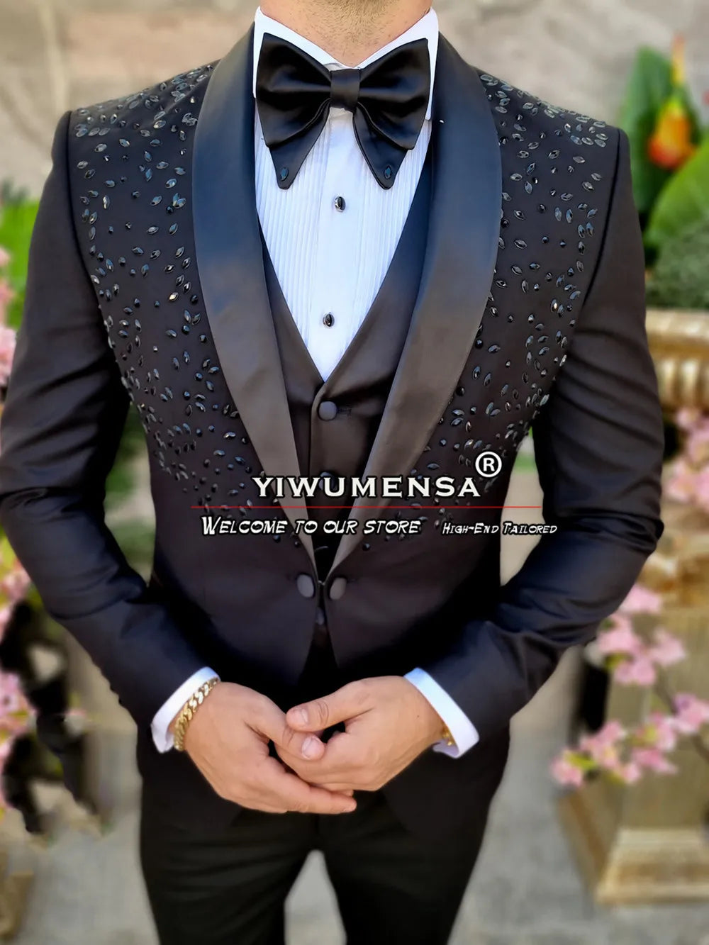 Tuxedo for Mens: Black Wedding Suits For Men Luxury Crystals Gemstone Beads