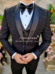 Black Wedding Suits For Men Luxury Crystals Gemstone Beads Jacket Vest Pants