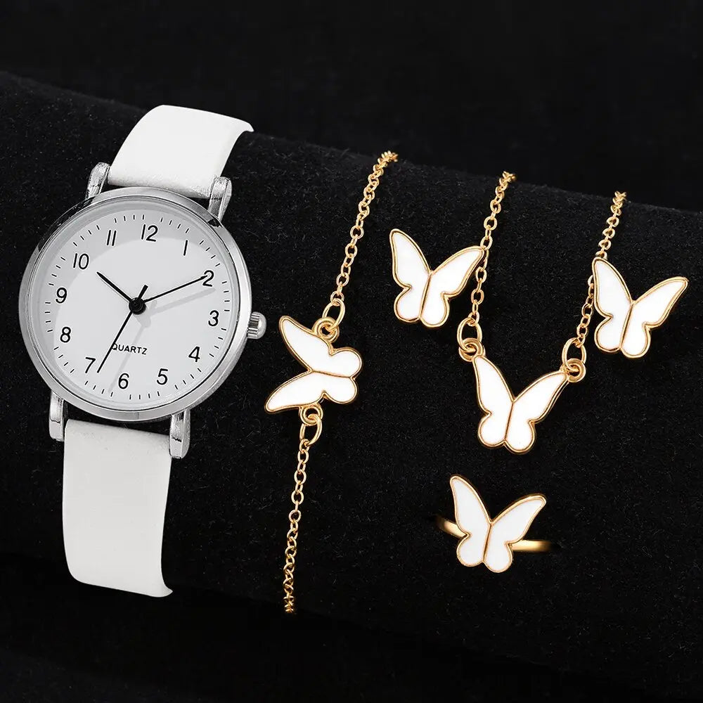 7pcs Women's Watch Fashion Casual Round Pointer Quartz Watch and Necklace Bracelet Ring Earring Set