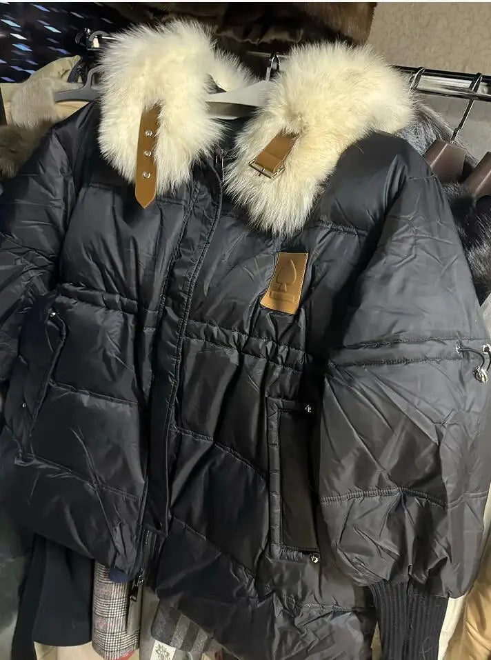 Real fur parka white duck Down Detachable Fur Jacket Mid-Length