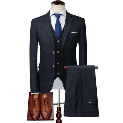 ( Jacket + Vest + Pants ) High-end Brand Luxury Dark Lattice Business Men's Slim Suit Groom Wedding Dress Tuxedo Banquet Clubmen