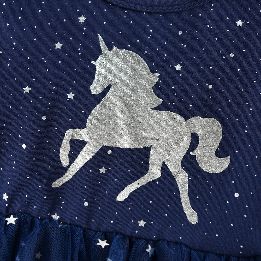 Kids Flare Sleeve Autumn Spring Dress Girls Licorne Cartoon Dress
