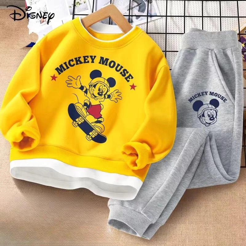 Autumn Baby Girls Boy Clothes Set Children Disney Mickey Printed Sweatshirts Pullover Top And Pants Suit Kid Faux Tracksuits
