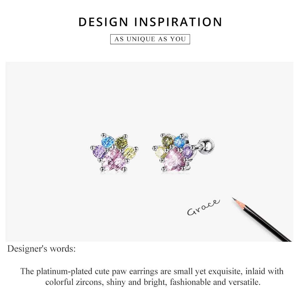 WOSTU 925 Sterling Silver Animals Cute Paws Rainbow Stud Earrings For Women Heart Oval Flower Zircon Crab Ear Studs Jewelry Gift