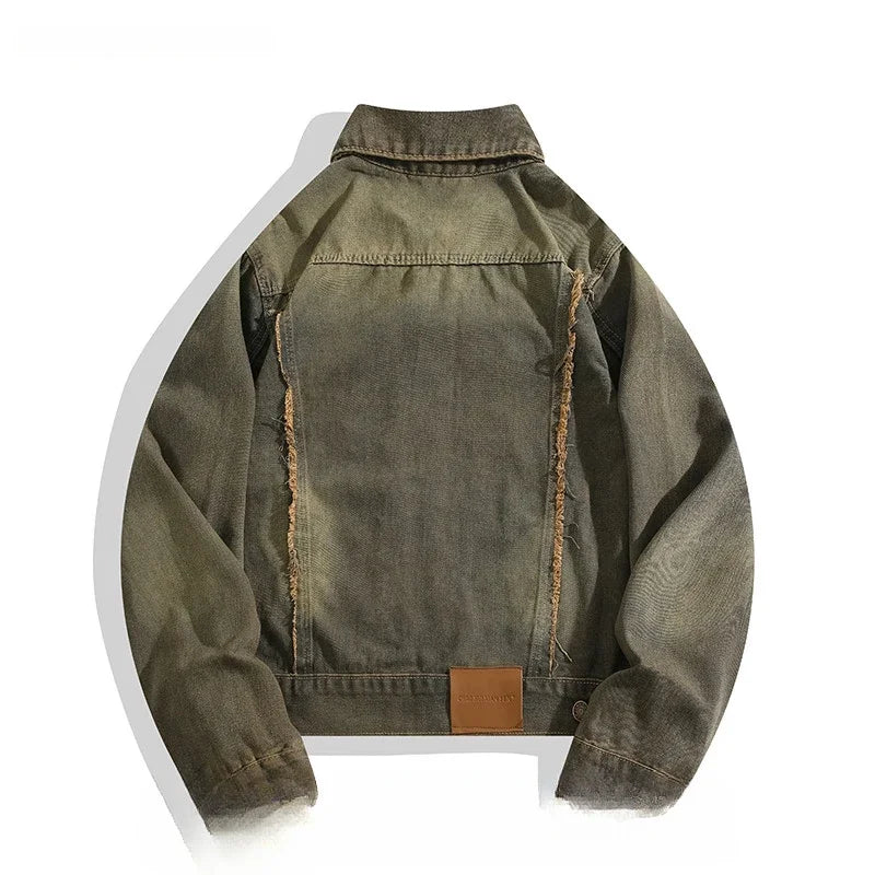 Men and Women Washed Distressed Raw Edged Denim Jacket European American Jacket
