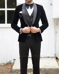 Black Men Wedding Suit Shawl Lapel Groom Wear Tuxedos Business Party 3 Pieces (Jacket+Vest+Pants)Costume Homme