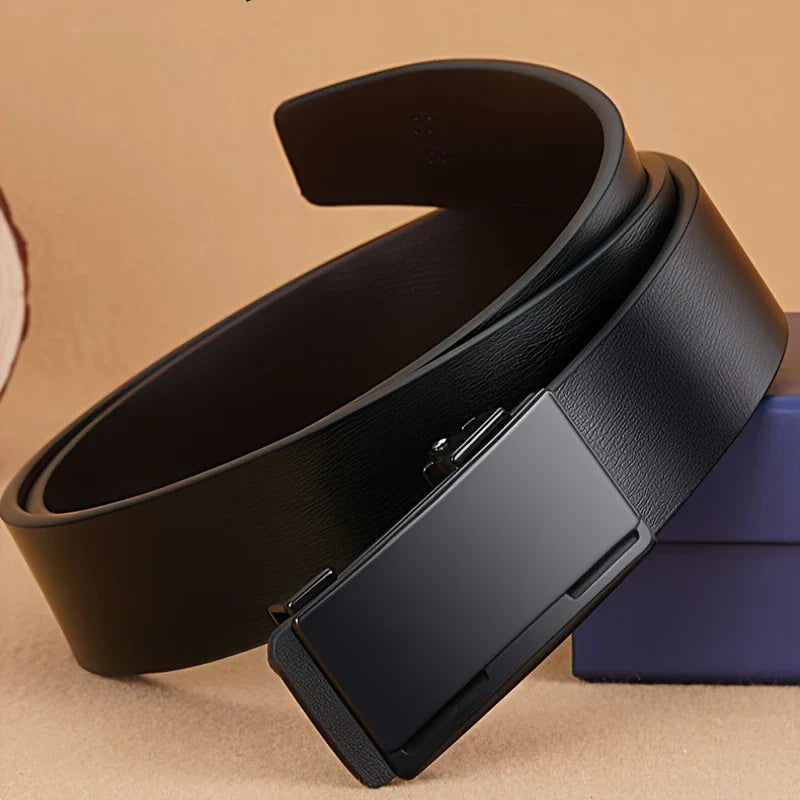 DINISITON Men Leather Belt Black Metal Toothless Automatic Buckle Business Casual PU Leather Men's Fashion High Quality Belt