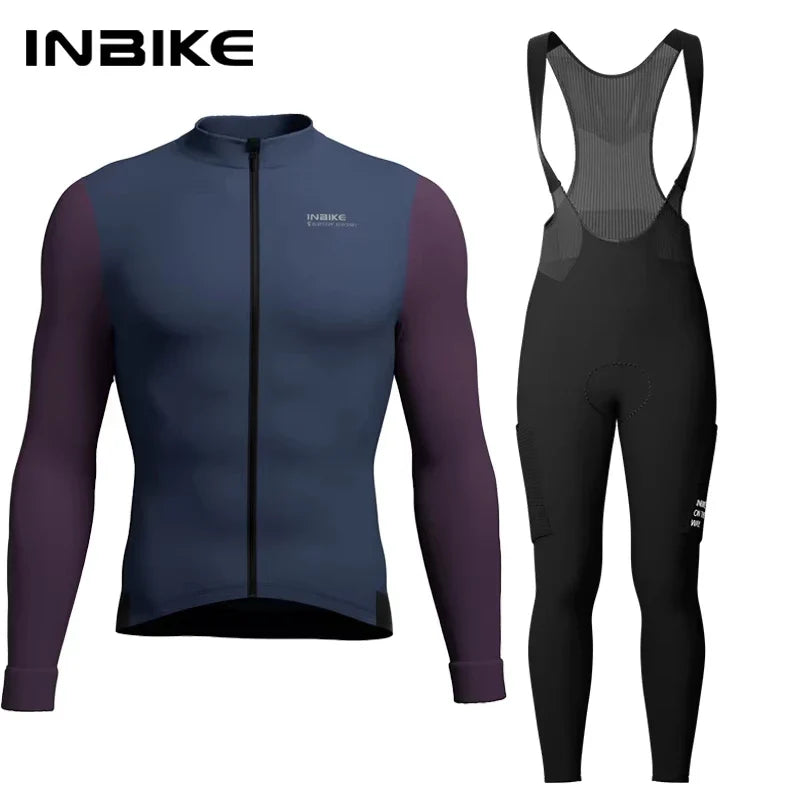 INBIKE Winter Cycling Clothing for Men Fleece Cycling Sets Long Sleeve Jersey with Pockets Long Bicycle Bib Pants for Road Bikes