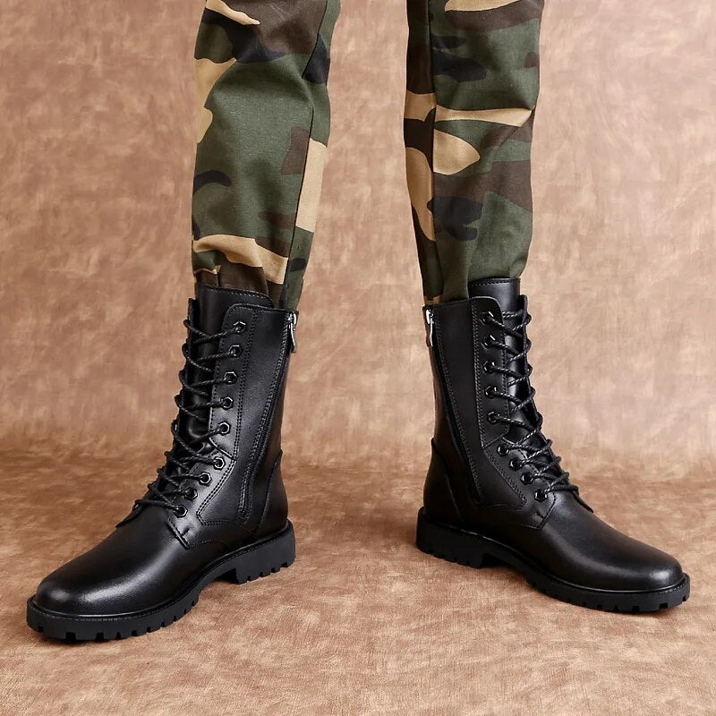 Side Zipper Male Boots Genuine Leather Male Shoes Lace-Up Men Military