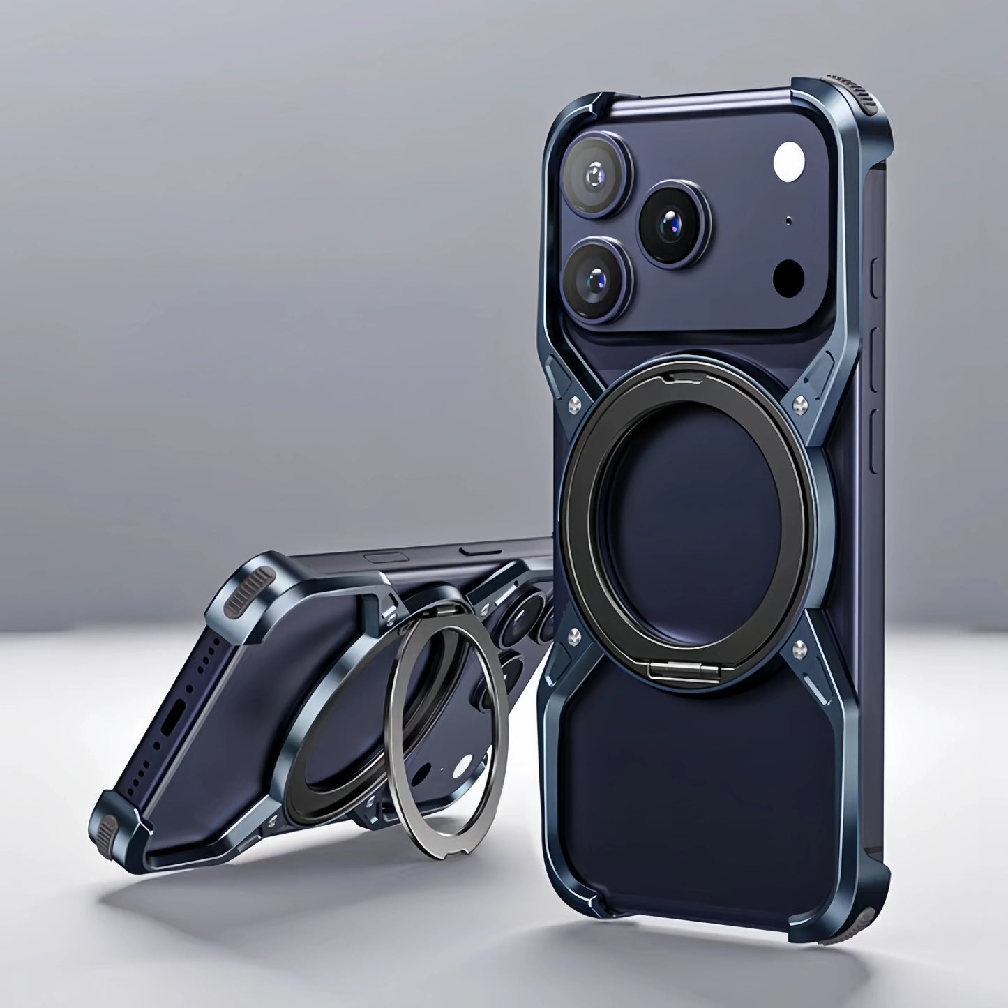 Metal Alloy Punk Frame Phone Case For iPhone 17 16 15 14 13 Pro Max 360 Rotating Bracket Magsafe Ring Magnet Stand Bumper Cover