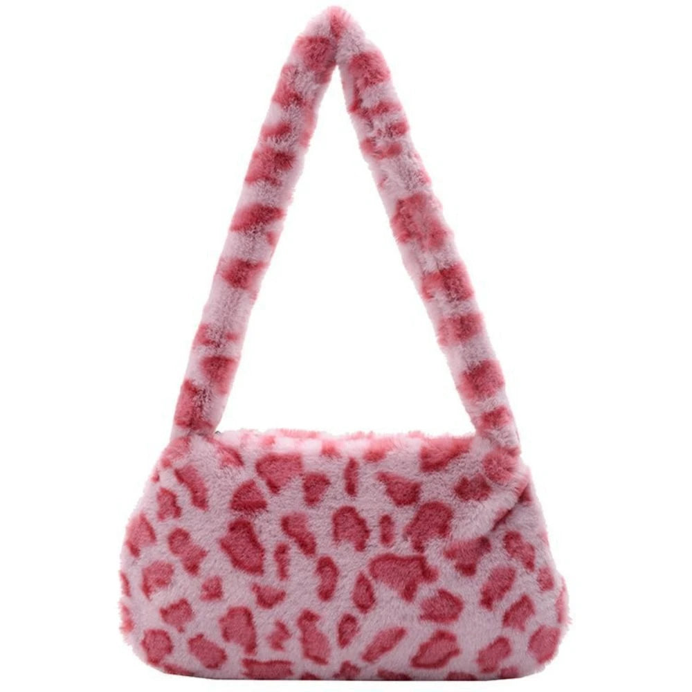 1Pc Fashion Women Cow Print Mini Shoulder Bag Women Winter Plush Armpit Bag