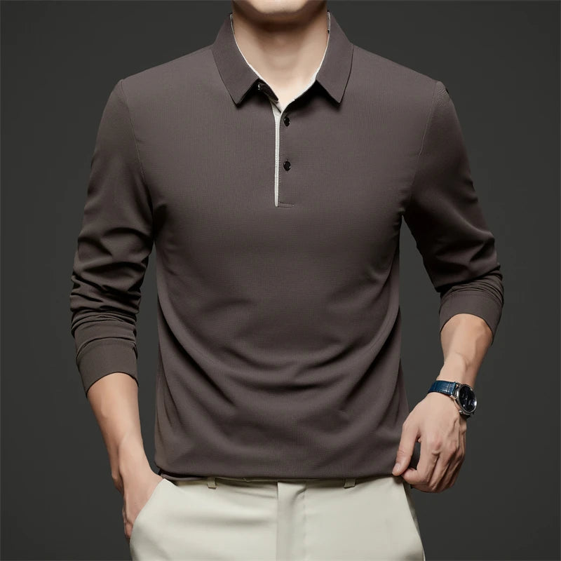 New Men's Business Casual  Long Sleeve Solid Color Polo Shirt Fashionable Warm Comfortable Four Seasons Versatile Top