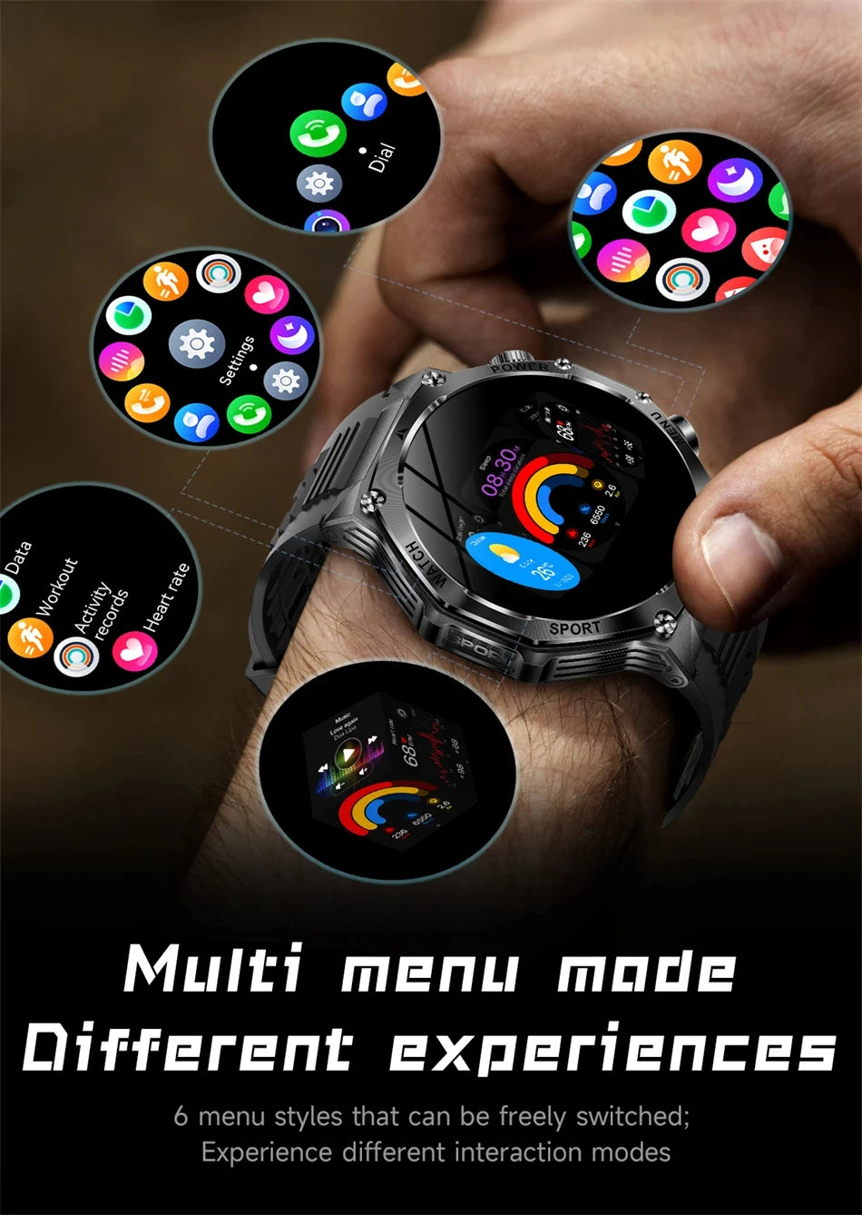 Rugged Outdoor Sports AK82 Smartwatch 1.85" HD Touchscreen 800mAh Long Battery Life Fitness Tracker Calorie Distance Smart Watch