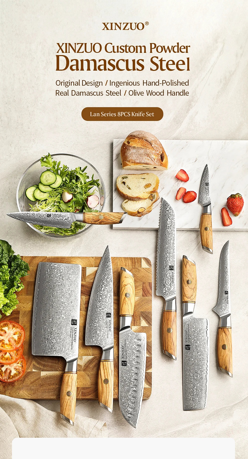 1-8pcs Kitchen Knife Set 73 Layers Custom Damascus Steel 15°±1 Per Side Steel Blade